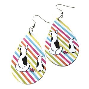 Dog Cat Puppy Love Colorful Striped Wood Teardrop Earrings